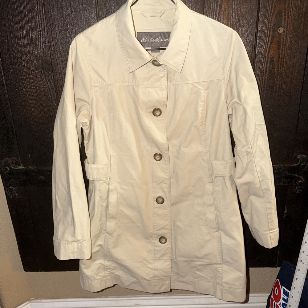 Eddie Bauer Women's Size PS Cream Button Front Collar Knee Length Jacket L